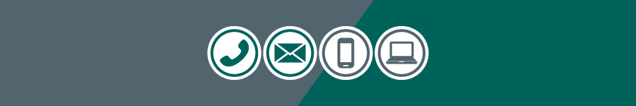 A range of contact icons including a phone, letter, mobile device and laptop on a grey and teal background