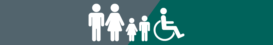 Icons of different people including a man, a woman, a girl, a boy and a wheelchair user on a grey and teal background