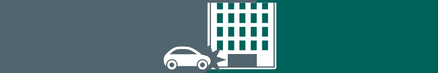 A car crashed into a high-rise building on a grey and teal background