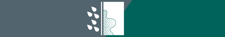 A wall with water drops penetrating the surface on a grey and teal background