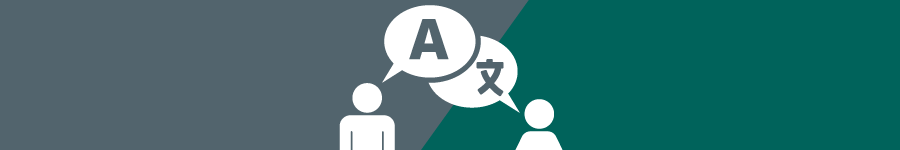 Two people talking, in different languages on a grey and teal background