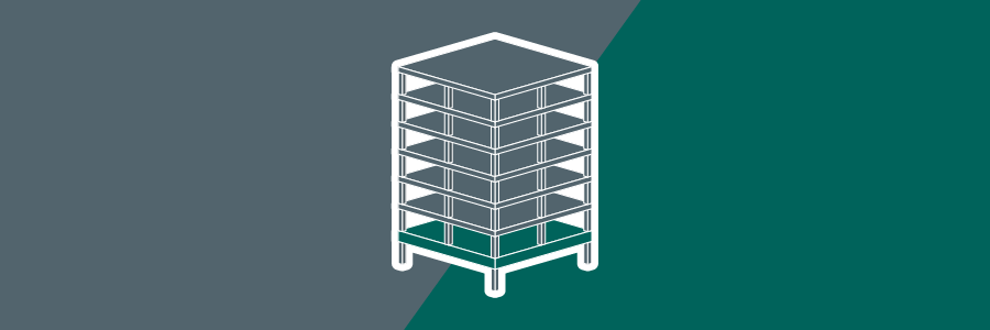 Isometric view of a seven storey building highlighting the first floor transfer slab. On a teal and grey background.