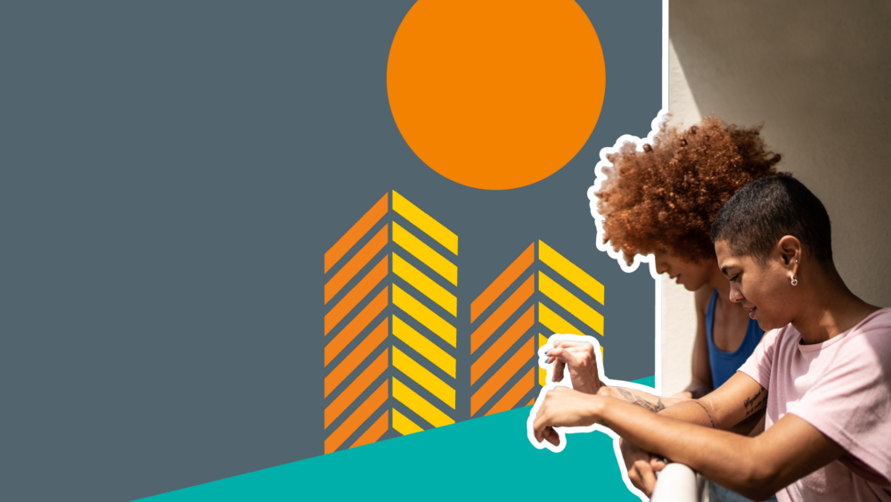 2 women on a balcony. Orange and yellow striped building silhouettes behind and an orange sun on a grey background.
