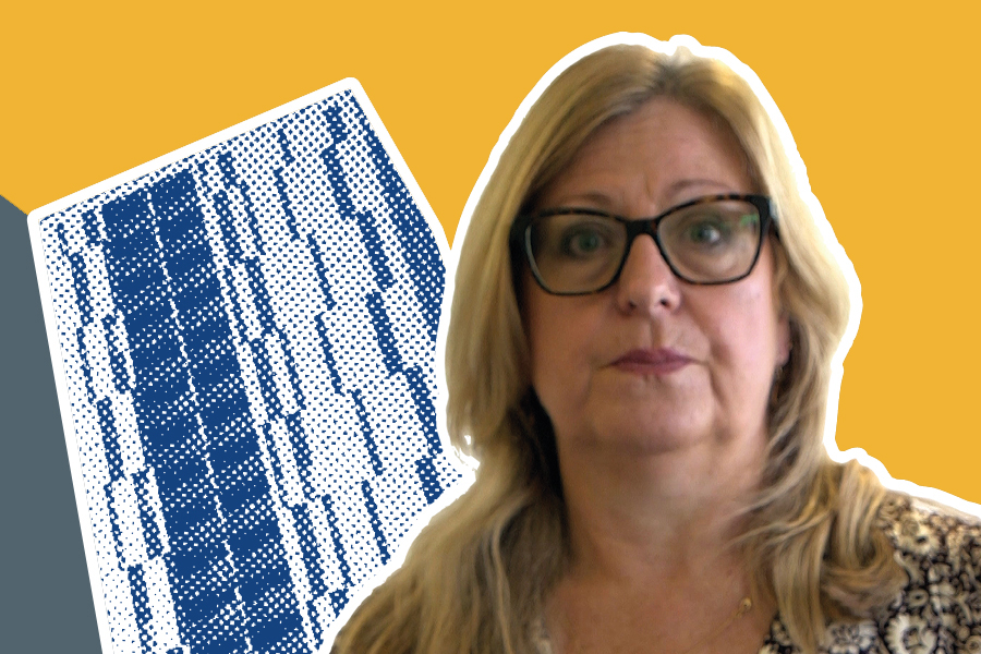 Sandra Ashcroft in front of a blue high-rise building in a halftone pattern
