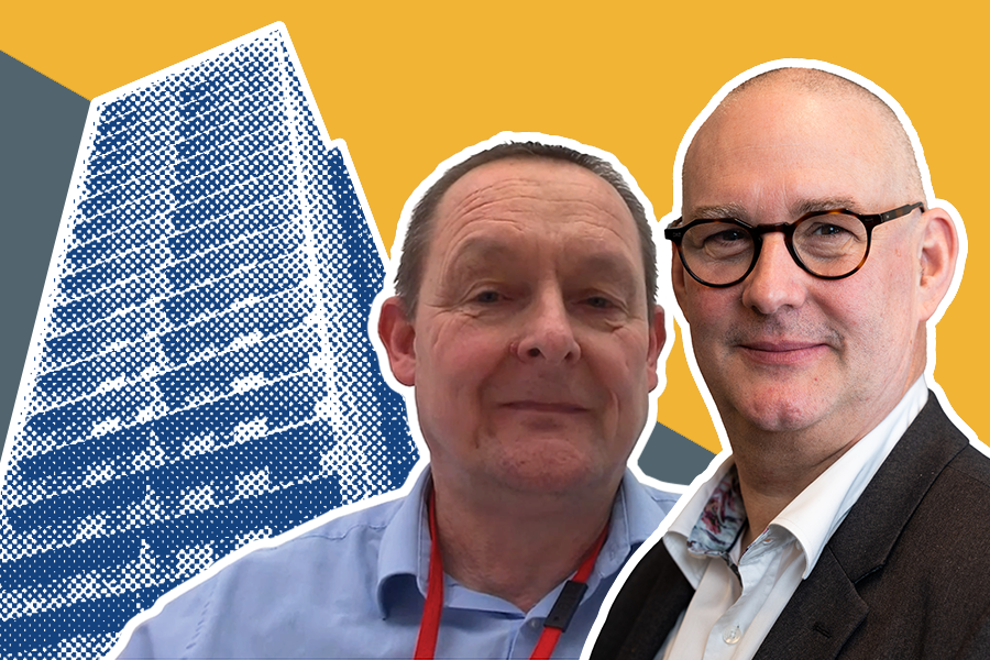 Dave Morris and Neil Hope-Collins in front of a blue high-rise building in a halftone pattern