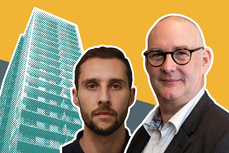 Michael Wood and Neil Hope-Collins in front of a teal high-rise building in a halftone pattern