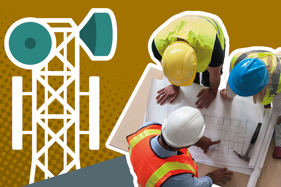 An illustration of a telecom mast alongside 3 people in high vis vests and hard hats looking at a blueprint on a table viewed from above. On a mustard and grey background.