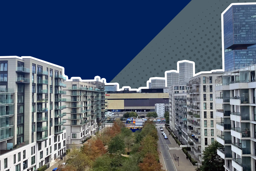 2 rows of pale grey high rise buildings with balconies facing each other across a park with green and brown leaved trees. With taller buildings and a shopping centre behind on a blue and grey background